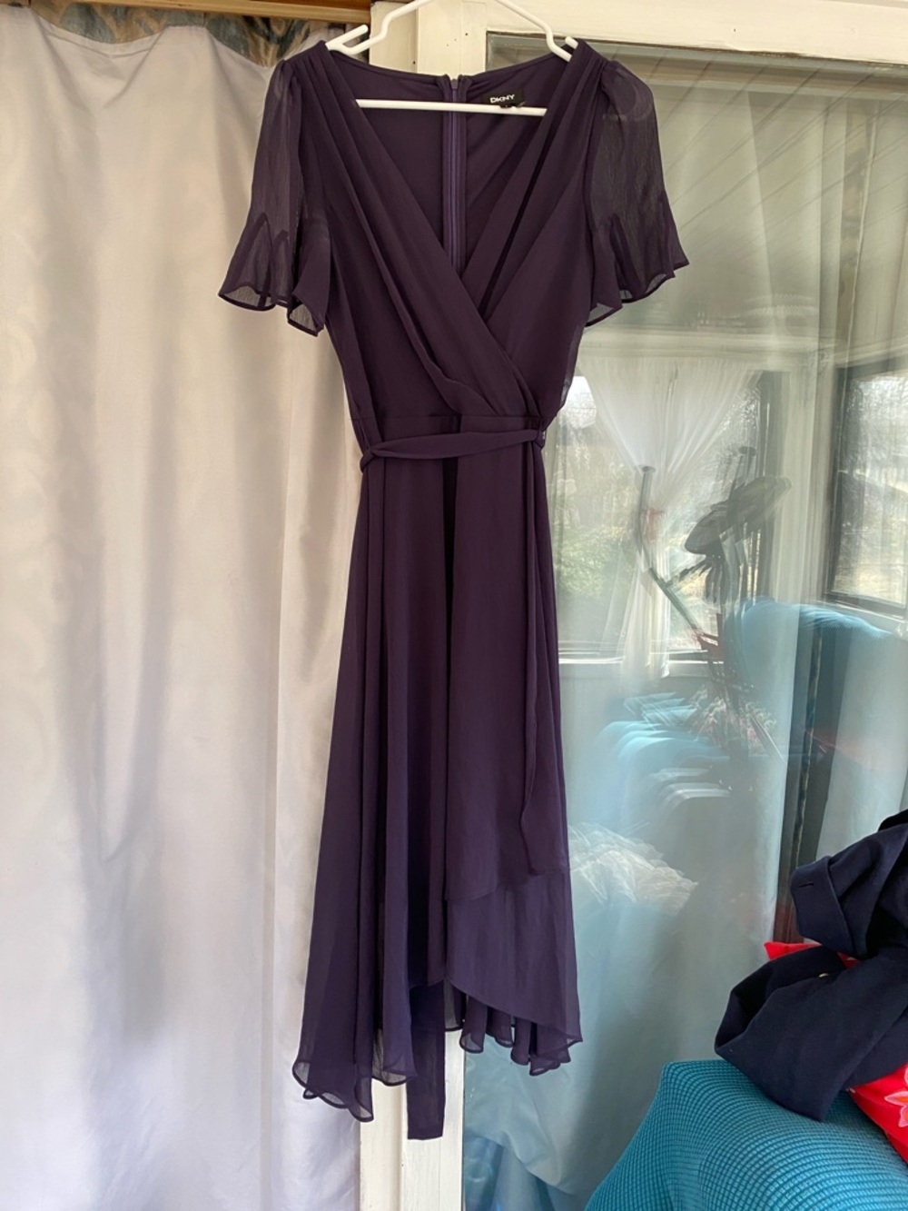 DKNY Deep Purple Chiffon Wrap Midi Dress